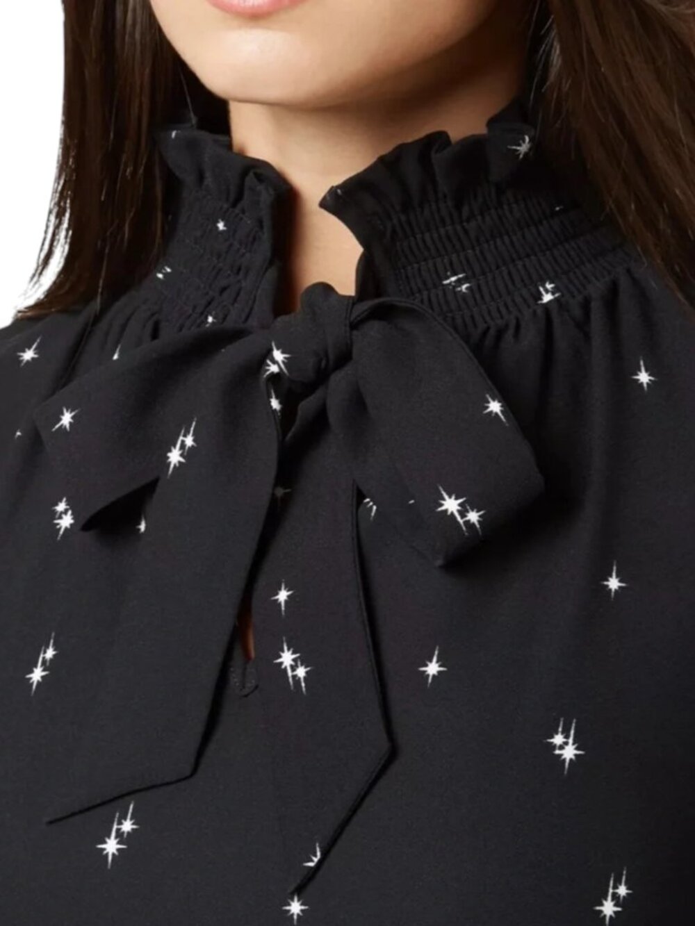 Hobbs London Luna Black Star Print Ruffle Tie Neck Long Sleeve Dress - Picture 4 of 14